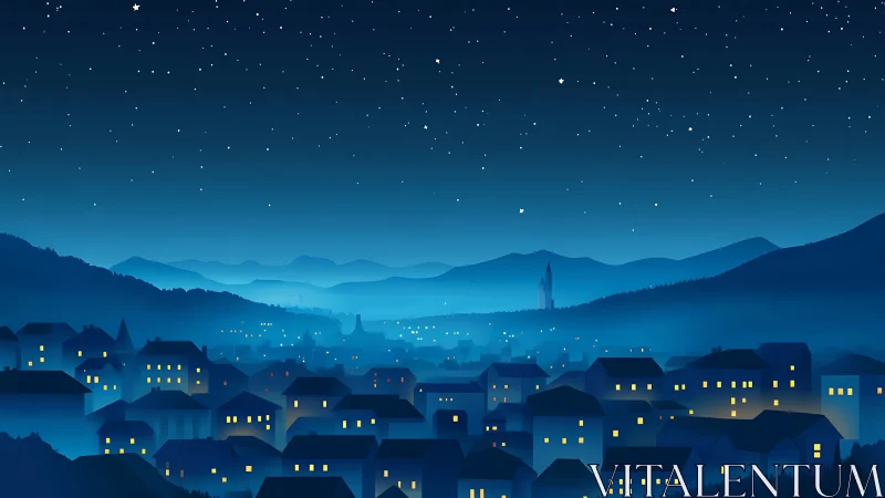 Softly glowing hillside town under a deep midnight sky.