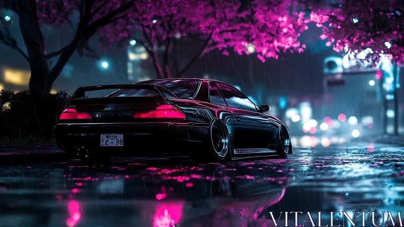 Neon-soaked tuner coupe under rainlit sakura reflections.