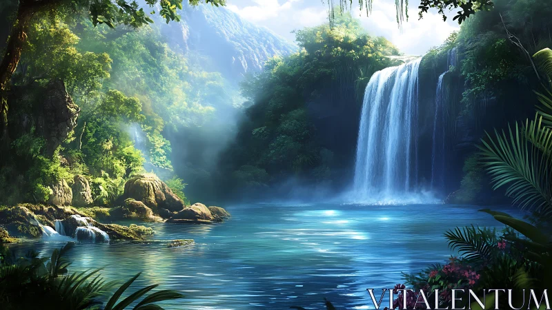 Lush tropical waterfall basin under luminous forest light.