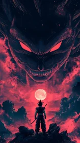 Solitary swordsman below giant red-eyed spectral face.