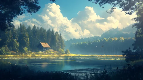 Lakeside forest cabin rests under towering summer clouds.