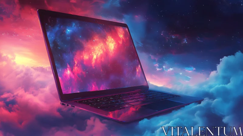 Laptop hovering in clouds with nebula display imagery.