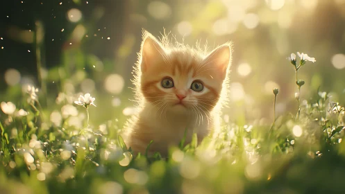 Orange tabby kitten sits in grass surrounded by white flowers