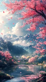 Cherry blossom valley river under glowing mountain clouds.
