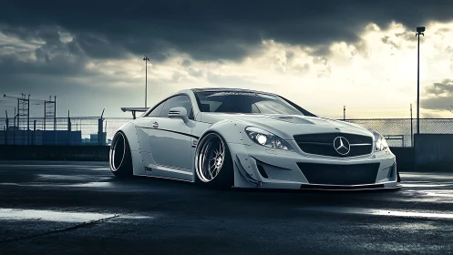 Modified white Mercedes coupe on wet asphalt under clouds.