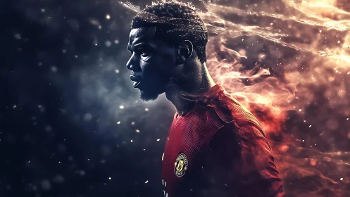 Dynamic football portrait with fiery motion effects in profile.