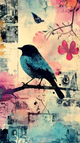 Silhouette bird on branch over layered abstract floral collage