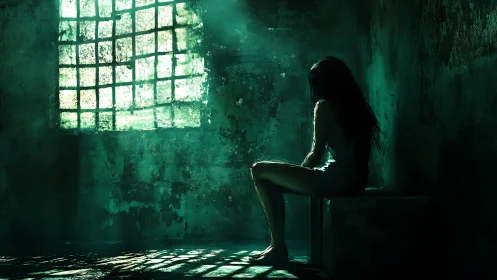 Solitary figure resting in a moody green-lit chamber.