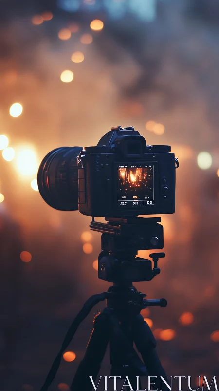 Professional Camera on Tripod at Dusk with Bokeh Lights.
