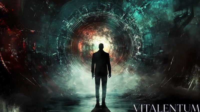 Silhouetted agent confronts glowing circular sci fi portal