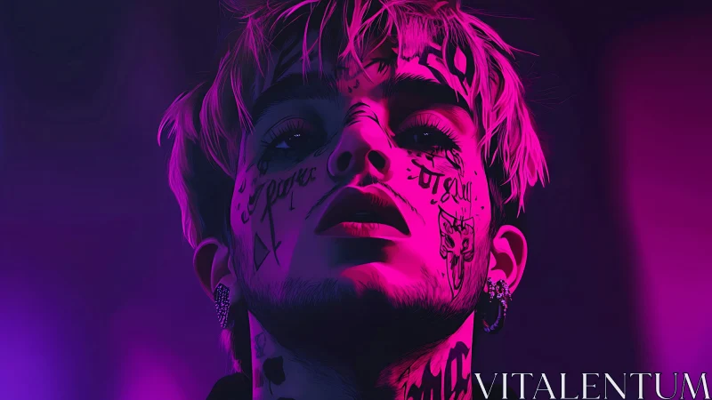 Neon magenta portrait of tattooed youth under low key lighting