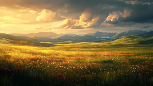 Sunlit wildflower prairies bow beneath roaming golden clouds.