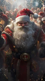 Photorealistic Santa portrait amid festive crowd, cinematic focus.