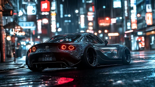 Midnight sports coupe under neon rain in cyberpunk city.