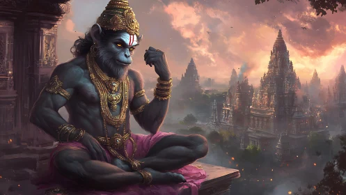 Divine simian guardian ponders dusk above sacred spires