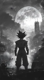 Lone anime warrior confronts stormlit city beneath colossal moon.