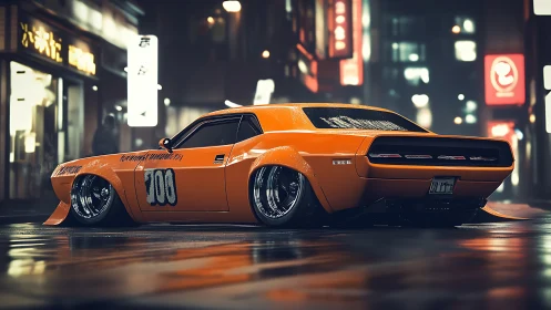 Lowered orange muscle car prowls wet neon city street