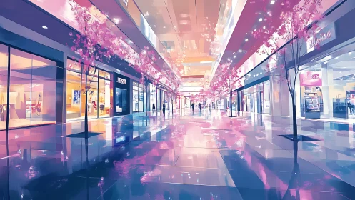 Neon mall corridor glows under mirrored pastel reflections