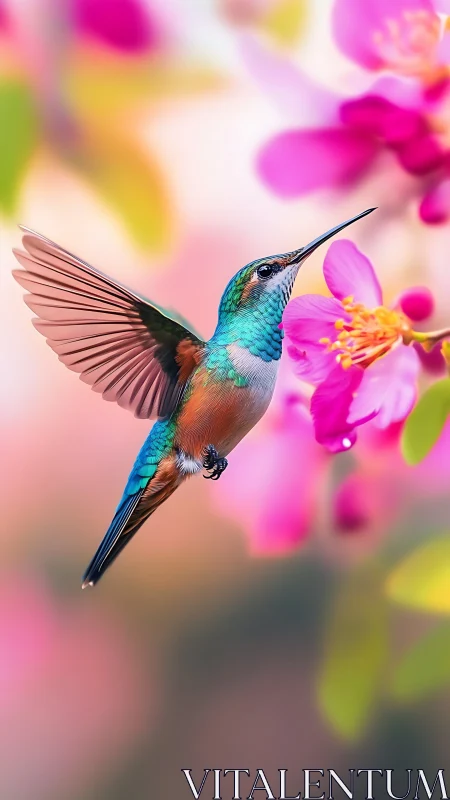 Colorful hummingbird hovering near bright pink blossoms.