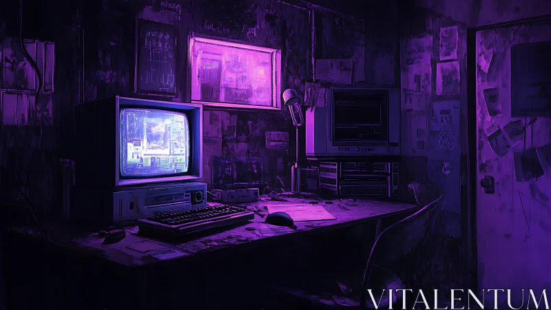 Retro computer workstation in dim violet room scene.
