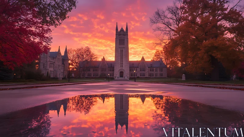 Gothic campus tower reflects in wet pavement at sunrise
