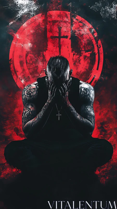 Tattooed man in prayer before distressed red cruciform sigil