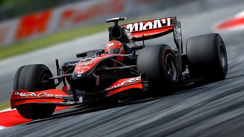 Formula race car slices apex under dynamic motion blur.