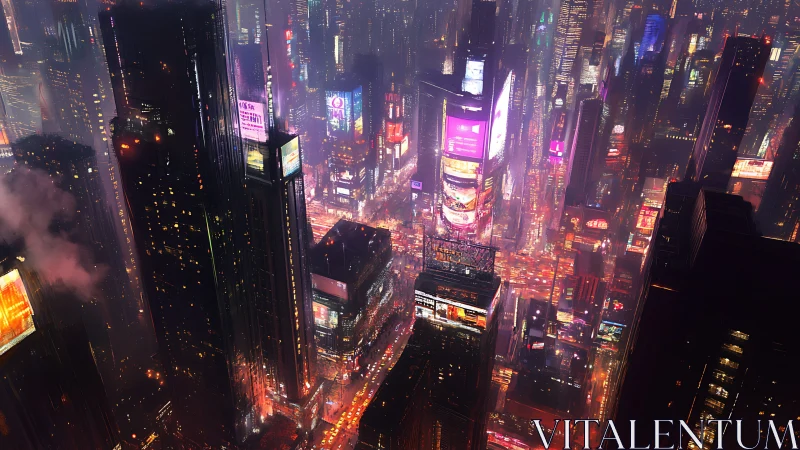Neon soaked futuristic cityscape with dense high rises.