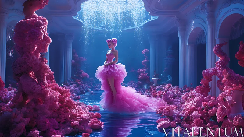 Barbie pink gown in luminescent neoclassical floral grotto