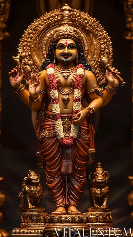 Golden Hindu deity statue with ornate halo and garlands.
