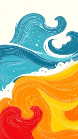 Abstract waves in contrasting blue, orange, and red fields.