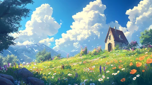 Sunny cottage overlooks wildflower meadow and distant peaks.