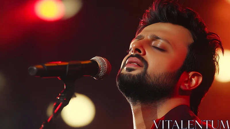 Velvet-voiced singer lost in luminous stage spotlight dream.