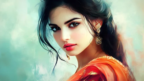 Soft gaze in swirling color and quiet golden details.