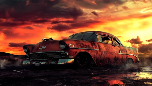 Weathered classic car rests under a blazing, moody sunset sky