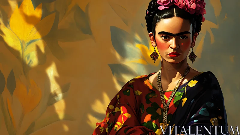 Confident woman in floral shawl against warm painted wall