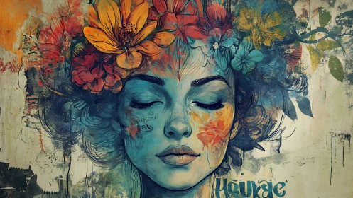 Female face with floral elements is rendered in mixed media