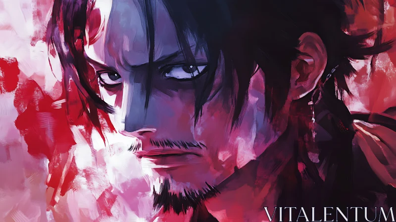 Crimson brushstrokes forge a battle wary warrior’s gaze