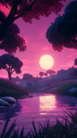 Stylized pink sunset over river in vibrant forest valley.