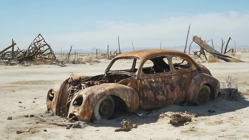Rusted car shell decays in barren desert wasteland.