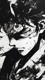 Monochrome ink-wash portrait of intense anime swordsman profile
