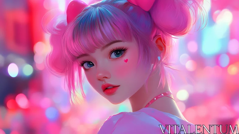 Neon city portrait of pastel-haired girl in soft bokeh glow.