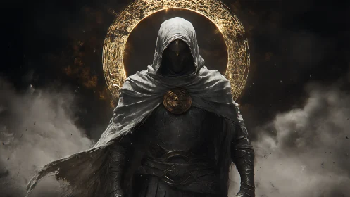 Hooded armored figure stands before illuminated circular halo