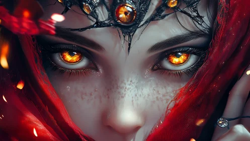 Ember-eyed sorceress wrapped in burning crimson silence.