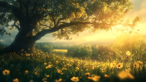 Golden meadow under sprawling oak in soft-focus digital painting.