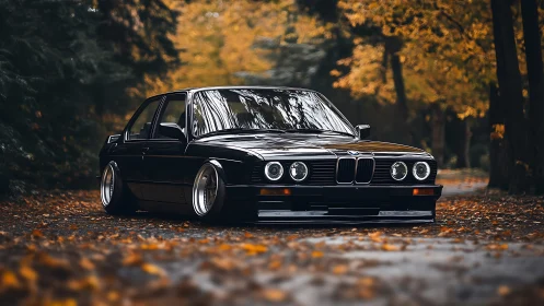 Low-slung classic sedan with stance geometry in autumn light.