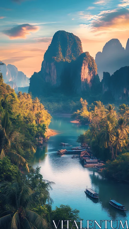 Tropical karst river corridor with illuminated limestone towers.