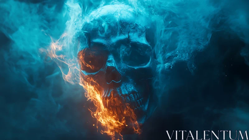 Human skull model is enveloped in contrasting colored flames