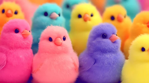 Bright pastel toy chicks grouped in colorful close-up scene.