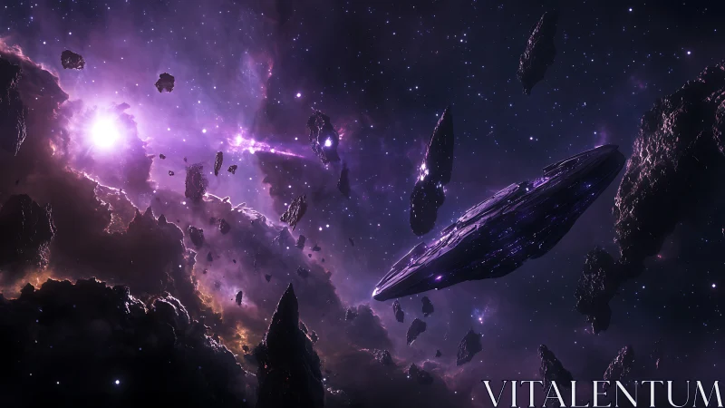 Elliptical spacecraft traversing dense purple asteroid field.